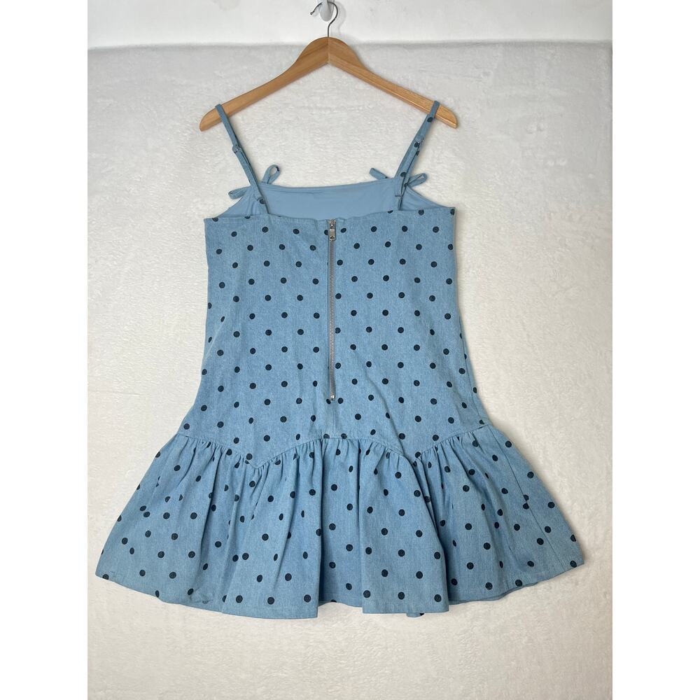 Avec Les Filles Denim Polka Dot Drop Waist Mini Dress Bow Coquette Feminine sz L - Picture 5 of 9
